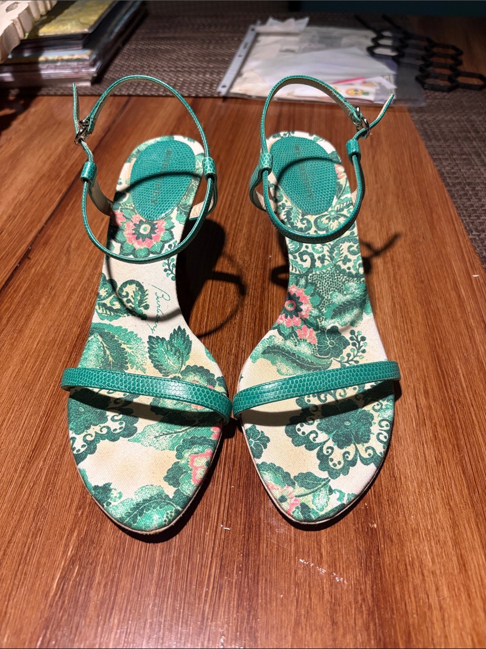 Burberry Green Floral Ankle-Strap Heels